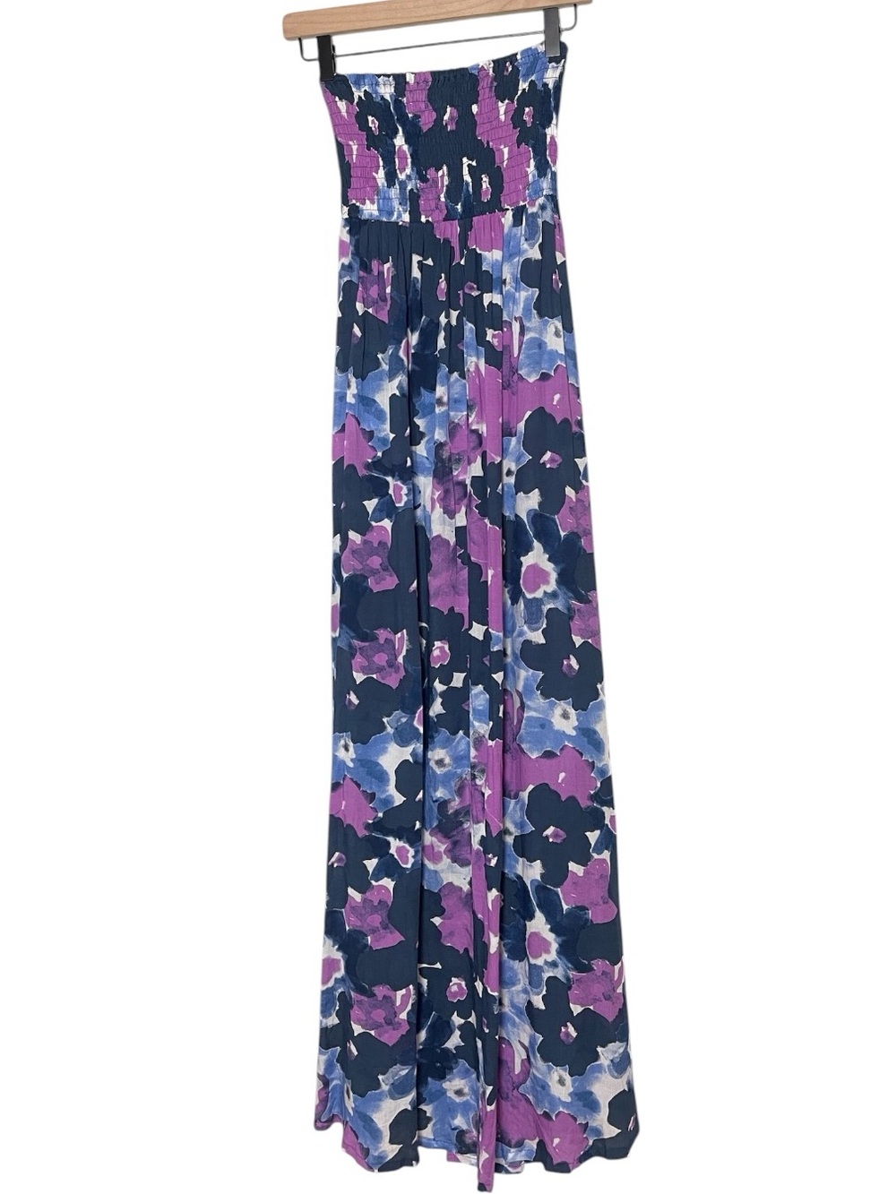 Tiare Hawaii O/S Purple Blue Floral Smocked Strapless Resort Maxi Dress - Picture 3 of 8